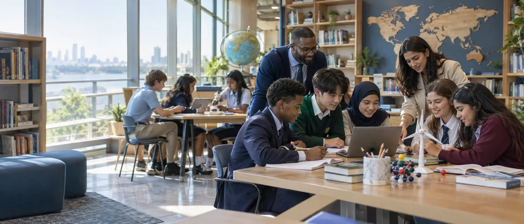 Diverse students and educators learning together in an international school